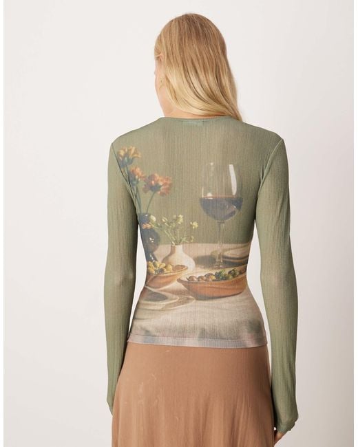 ASOS Brown Sheer Rib Printed Graphic Dinner Party Scene Top