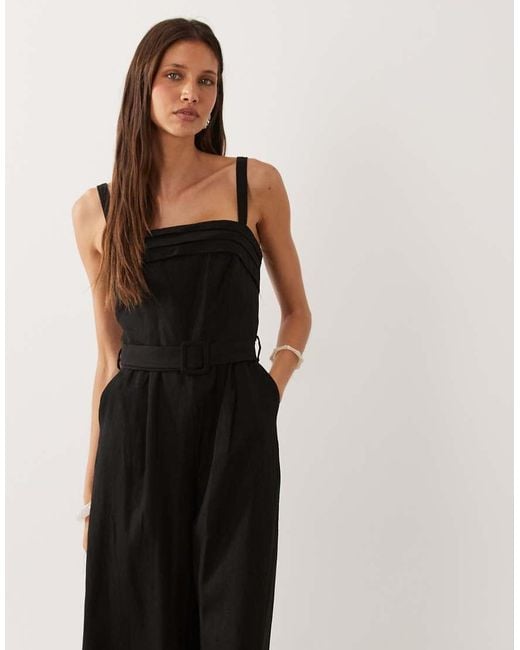 Mango Black Linen Rich Belted Square Neck Jumpsuit