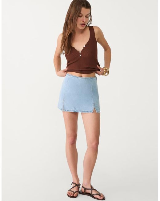 Stradivarius Blue Split Hem Mini Denim Skort
