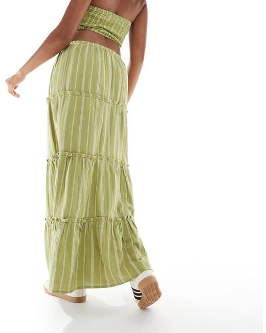 Wednesday's Girl Green Striped Tiered Maxi Skirt Co-Ord