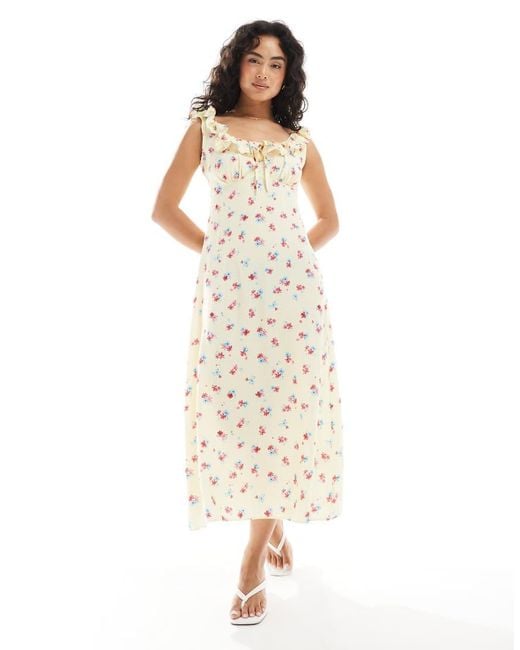 New Look Natural Ditsy Floral Tie Back Midi Dress