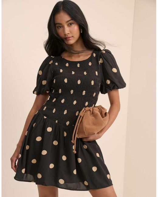Nobody's Child Black Landy Puff Sleeve Shirred Bodice Mini Dress