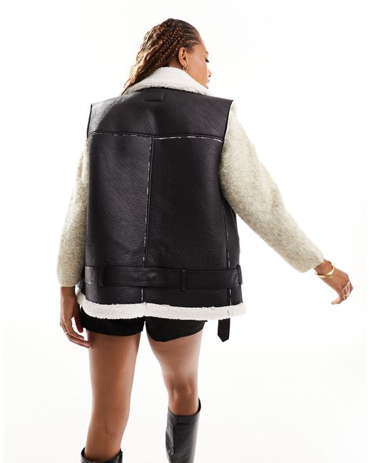 ONLY Black Faux Leather Aviator Vest With Shearling Trims