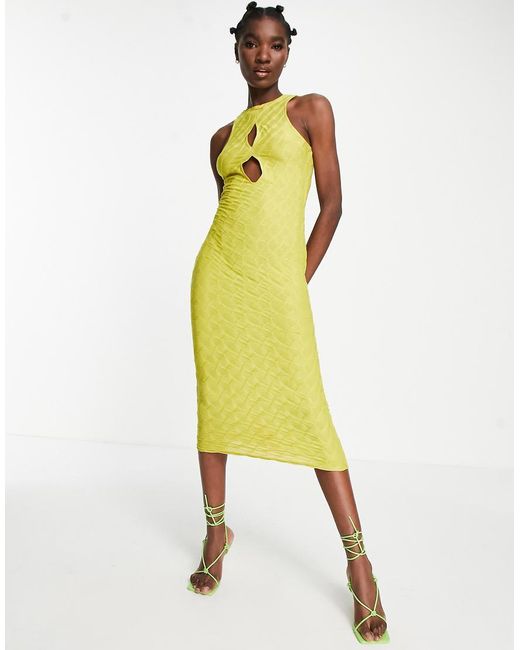 ASOS Yellow Textured Midi Dress With Front Cut Outs