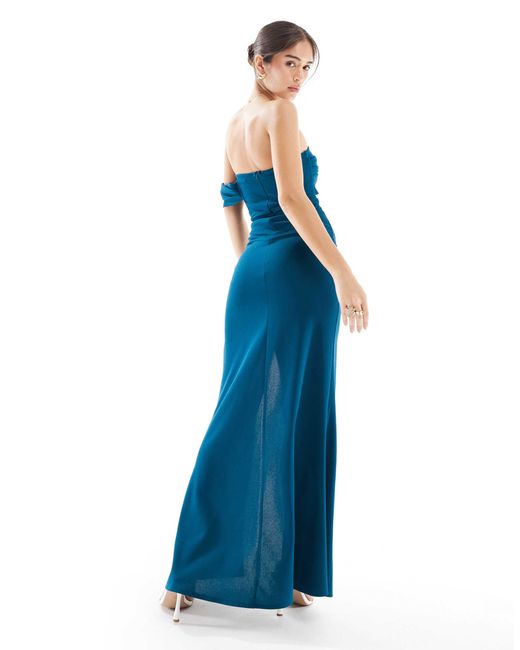 TFNC London Blue Bridesmaids Asymmetric Bardot Maxi Dress