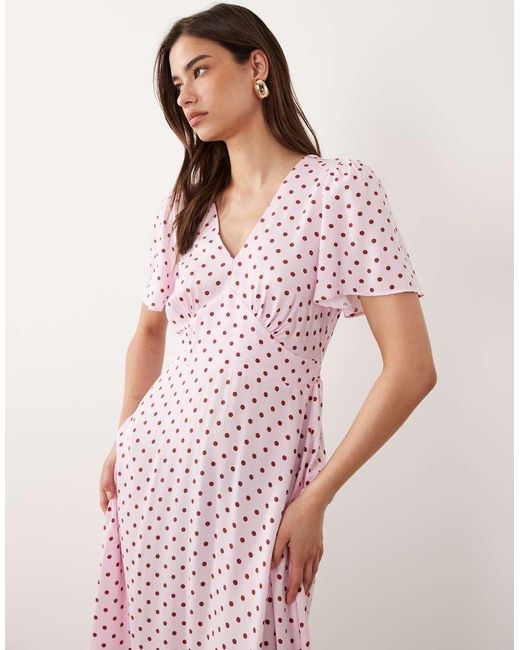 Nobody's Child Pink Atlas V-Neck Short Flutter Sleeves Midi Dress