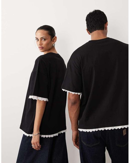 Sister Jane Black Unisex Contrast Frill Trim Oversized Cotton T-shirt