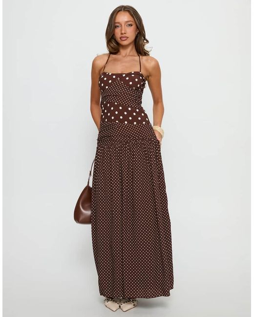 Princess Polly Brown Marguerite Contrast Panel Halterneck Drop Waist Maxi Dress