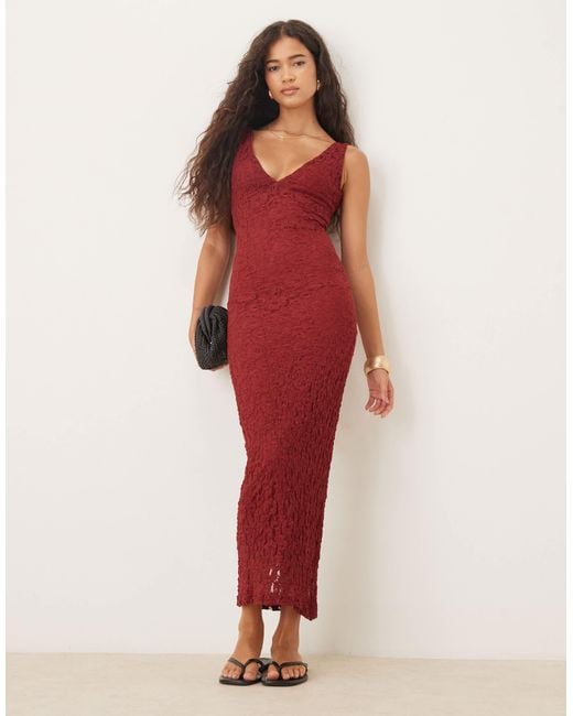 knee length dresses for ladies Rent ASOS DESIGN Satin Cowl Neck Maxi Dress With Ruching Detail In Dark Red main image 1