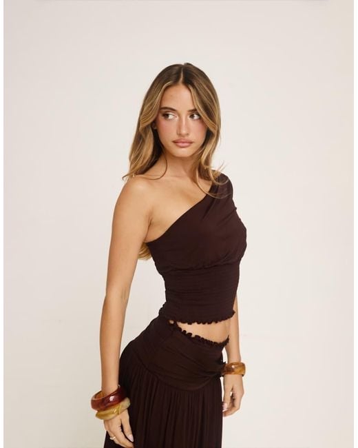 Princess Polly Brown Full Orbit Asymmetric Shoulder Shirred Fitted Waist Top