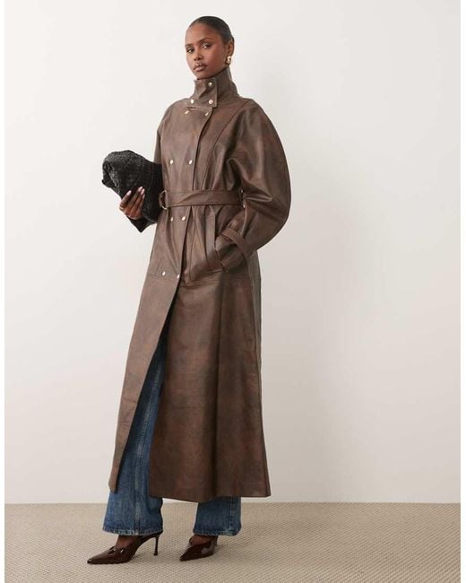 Bardot Brown Faux Leather High Neck Button Detail Longline Trench