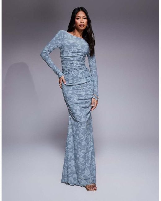 ASOS Blue Devore Long Sleeve Ruched Maxi Dress