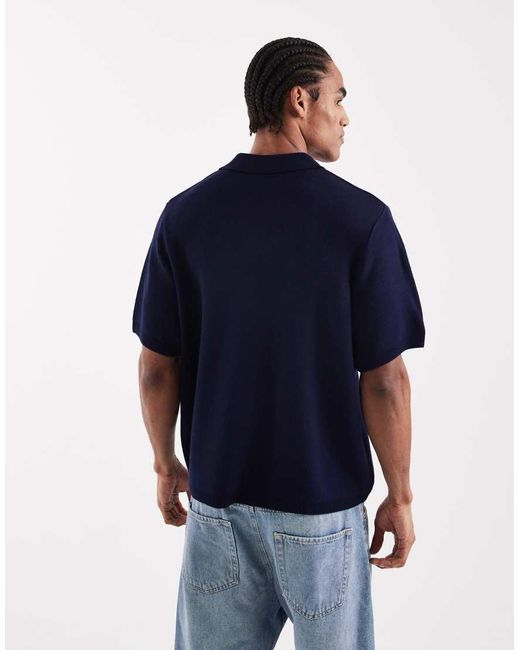 ASOS Blue Oversized Knit Notch Neck Polo Shirt With Palmae Graphic for men