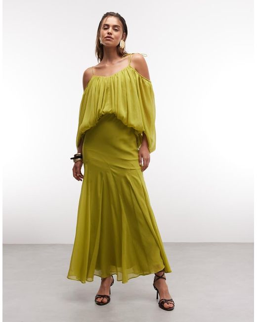 ASOS Green Blouson Bodice Maxi Dress With Split Sleeves And Volume Godet Skirt