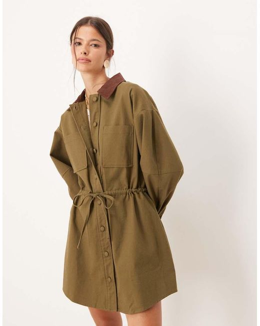 ASOS Natural Heavy Twill Barn Jacket Mini Dress With Cinched Waist