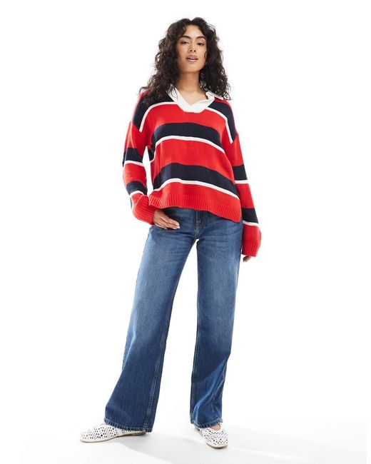 Brave Soul Red Oversized Knitted Rugby Top With Contrast Collar