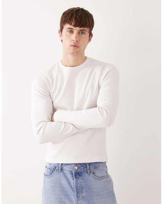Weekday White Slim Fit Rib Long Sleeve T-shirt for men