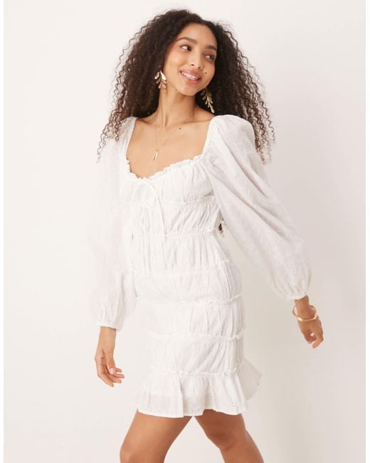 Gina Tricot White Long Sleeve Sweetheart Neck Broderie Anglais Mini Dress