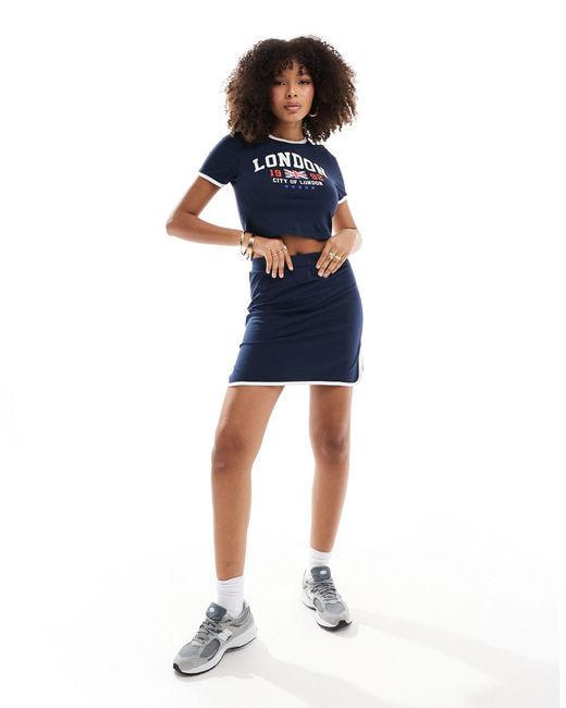 Pieces Blue Sport Core 'london' Cropped T-shirt Co-ord With Contrast Trim