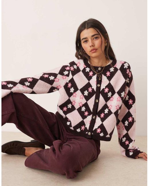 Miss Selfridge Brown Argyl Floral Cardigan