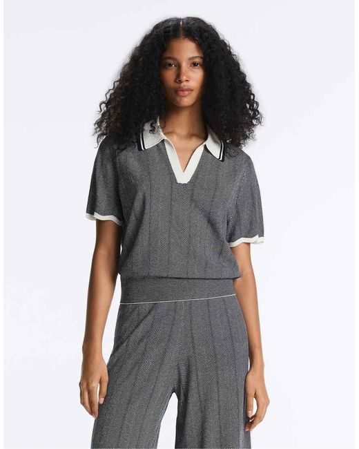 Oysho Gray Herringbone Short Sleeve Knit Polo Shirt