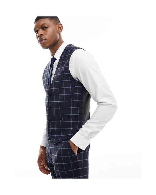 ASOS Blue Skinny Windowpane Check Suit Waistcoat for men