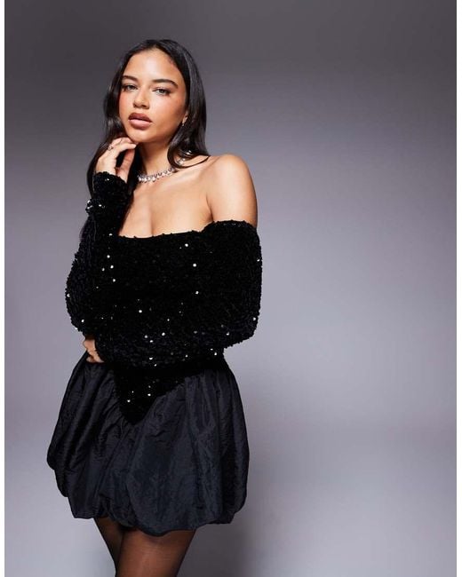 ASOS Black Sequin Long Sleeve Bardot Bubble Hem Mini Dress