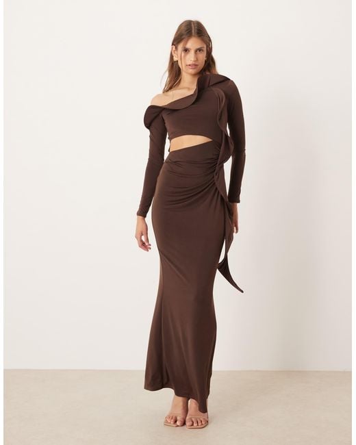 ASOS Natural Long Sleeve Structured Ruffle Midi Dress With Cut Out Detail