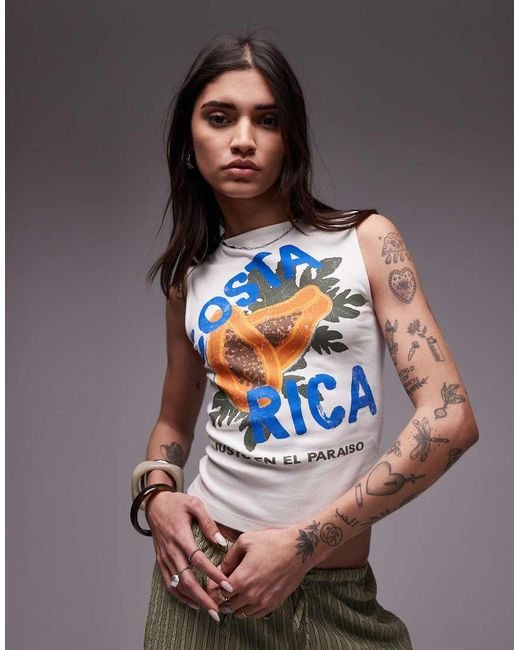 Top Senza Maniche Écru Con Grafica "Costa Rica" di TOPSHOP in Gray