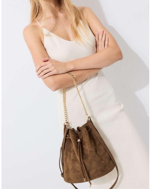 Stradivarius Brown Quilted Bucket Crossbody Bag