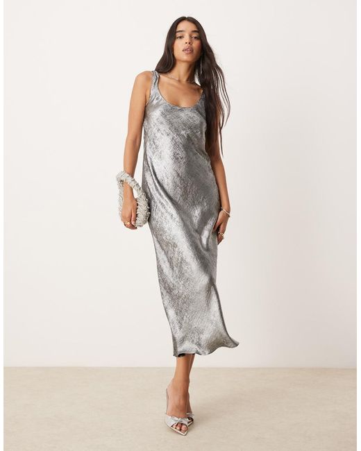 New Look Natural Scoop Neck Foil Satin Midi Dress
