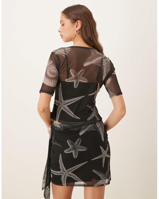 Never Fully Dressed Brown Seashell Print Mesh T-shirt Co-ord