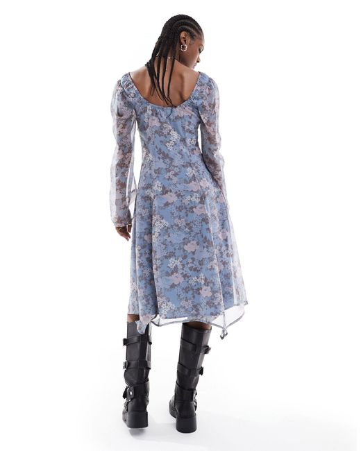 Reclaimed (vintage) Blue Midi Long Sleeve Tea Dress