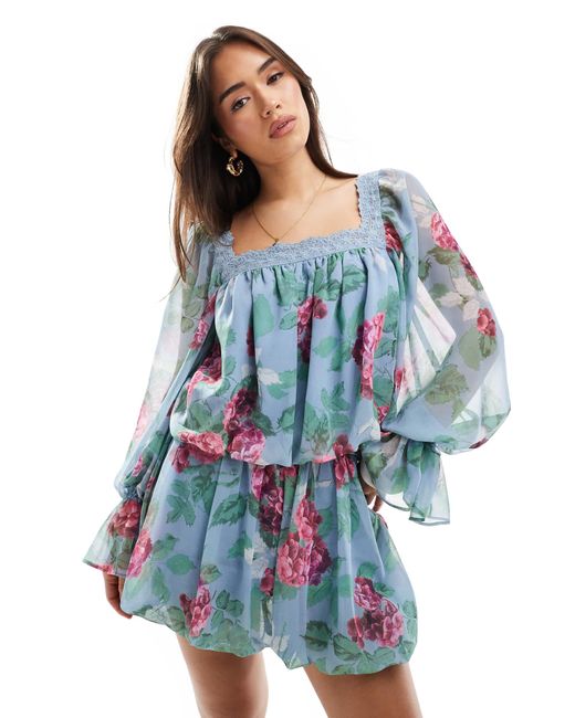 ASOS Blue Square Neck Blouse With Lace Trim