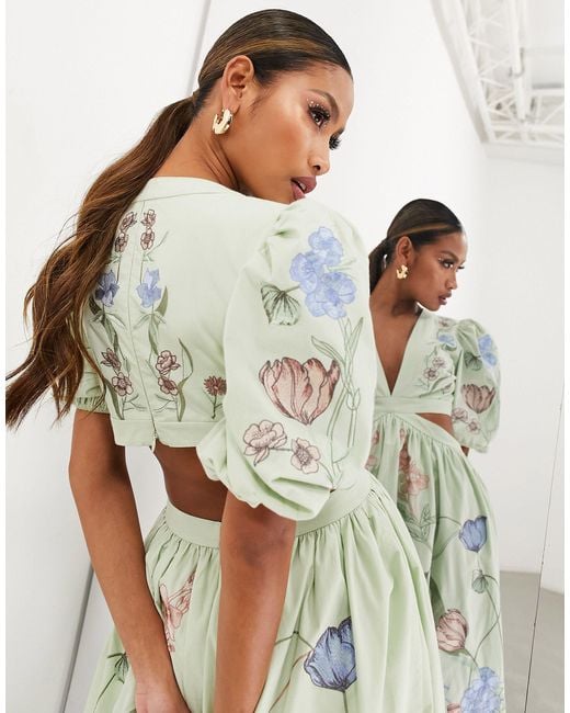 open lace back dress Asos Edition Puff Sleeve Midi Dress With Cut Out Back And Beaded Embroidery  In Blue