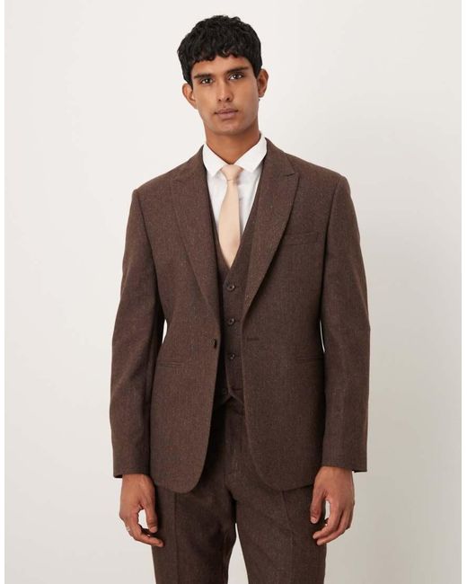 Chaqueta De Traje De Corte Slim Con Patrón De Espiga De Tejido Con Lana De ASOS de hombre de color Brown