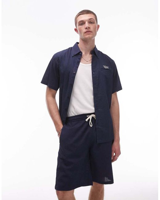 Parlez Blue Azura Logo Detail Seer Sucker Shirt Co-Ord for men
