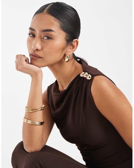 4th & Reckless White Ruched Side Sleeveless Gold-tone Metal Shoulder Detailing Maxi Dress