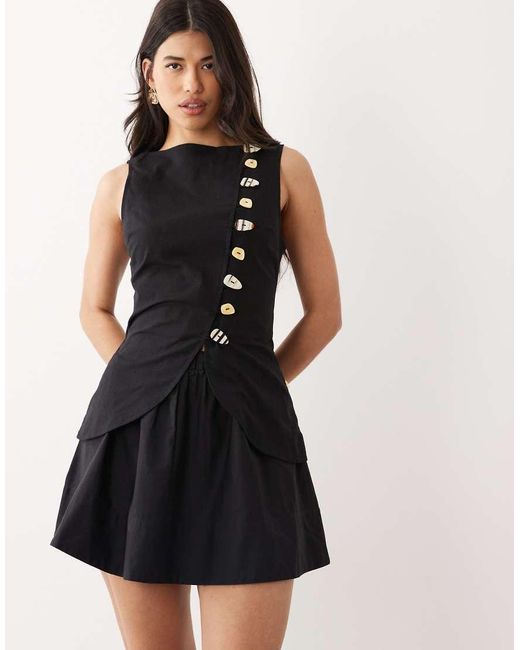 ASOS Black Linen Look Waistcoat Mini Dress With Poplin Skirt