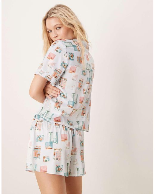 Abercrombie & Fitch White – schlafoberteil mit knopfleiste und postkarten-muster, kombiteil