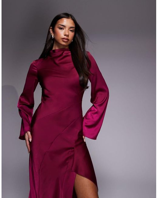 ASOS Purple Satin Seam Detail Maxi Dress With Frill Detail