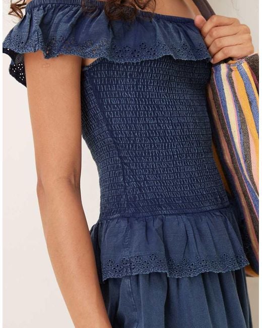 ASOS Blue Premium Shirred Bodice With Ruffle Broderie Detail Maxi Dress