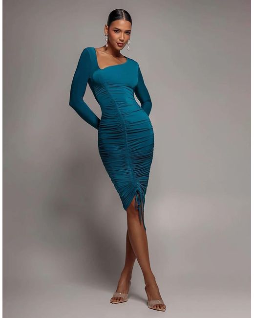 Goddiva Blue Asymmetrical Neck Ruched Midi Dress