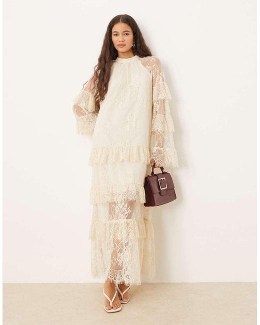 Y.A.S Natural Boho Sheer Lace Tiered Maxi Dress