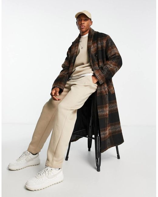 Abrigo A Cuadros Marrones Y Negros De Corte Extragrande De Tejido Efecto Lana De ASOS de hombre de color Negro Lyst