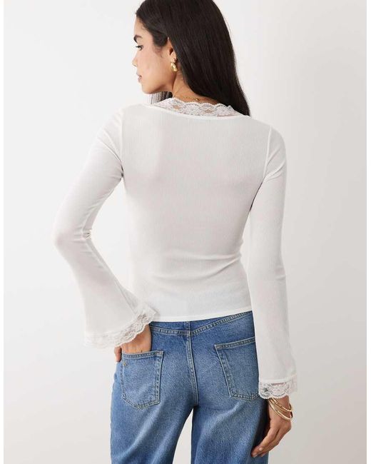 Fashionkilla Blue Exclusive Cotton Rich Lace Trim Ruched Front Flare Sleeve Top