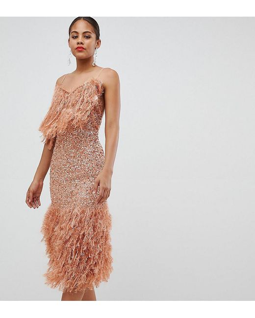 ASOS Pink Asos Design Tall Feather Effect Trim Sequin Midi Bodycon Dress