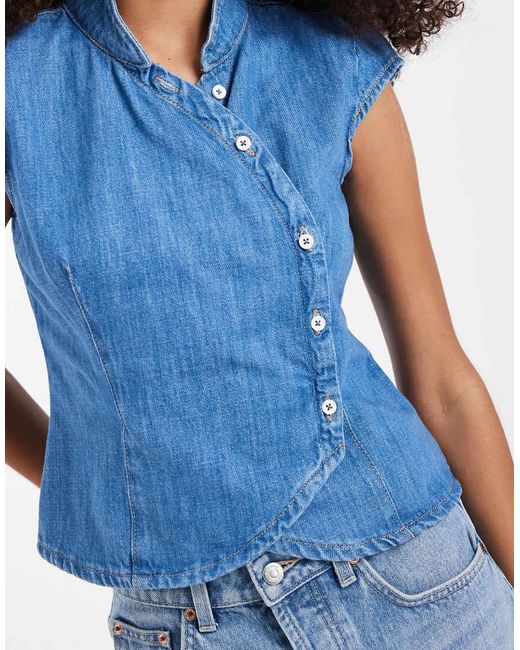 ASOS Blue Denim Mandarin Collar Top