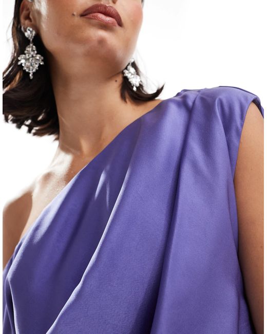 ASOS Purple Satin Off Shoulder Draped Midi Dress With Split