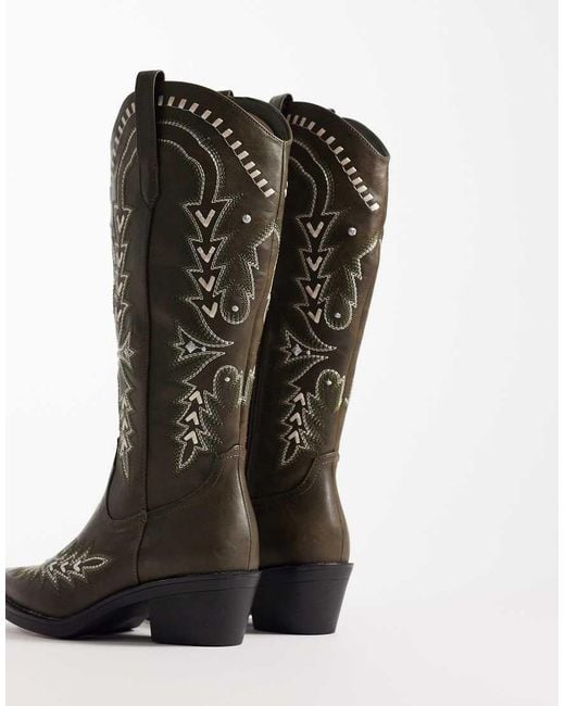 Glamorous Green Embroidered Western Knee Boots